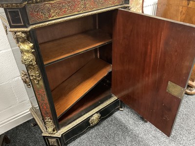 Lot 1308 - A 19TH CENTURY FRENCH EBONISED AND ORMOLU MOUNTED TORTOISESHELL AND BRASS INLAID BOULLE WORK SIDE CABINET