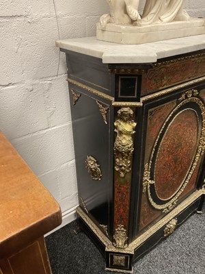 Lot 1308 - A 19TH CENTURY FRENCH EBONISED AND ORMOLU MOUNTED TORTOISESHELL AND BRASS INLAID BOULLE WORK SIDE CABINET