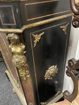 Lot 1308 - A 19TH CENTURY FRENCH EBONISED AND ORMOLU MOUNTED TORTOISESHELL AND BRASS INLAID BOULLE WORK SIDE CABINET