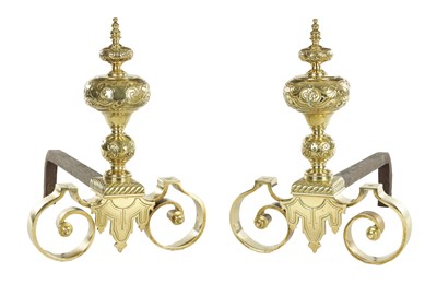 Lot 891 - A GOOD PAIR OF 19TH CENTURY BRASS HEARTH DOGS