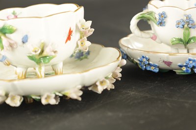 Lot 34 - THREE MID 19TH CENTURY MEISSEN PORCELAIN CUP AND SAUCERS