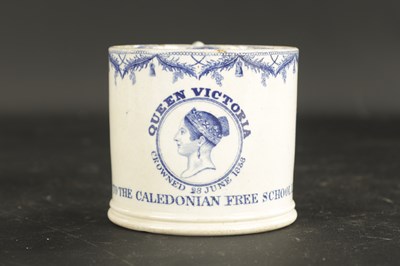 Lot 79 - A 19TH CENTURY DAVENPORT COMMEMORATIVE QUEEN VICTORIA BLUE AND WHITE TRANSFER MUG