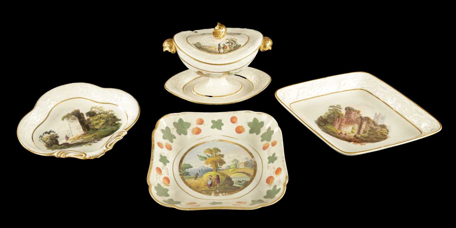 Lot 54 - A WILSON CREAMWARE TUREEN AND COVER PAINTED WITH RURAL LANDSCAPES CIRCA 1800