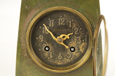 Lot 1001 - TIFFANY & CO. A STYLISH ARTS AND CRAFTS GREEN AND BROWN BRONZE PATINATED TRIPLE OWL MANTEL CLOCK