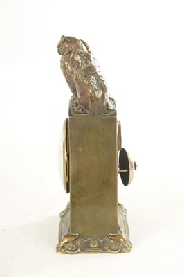 Lot 1001 - TIFFANY & CO. A STYLISH ARTS AND CRAFTS GREEN AND BROWN BRONZE PATINATED TRIPLE OWL MANTEL CLOCK