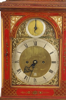 Lot 1055 - JOHNATHAN COLEMAN, LONDON. A GEORGE III AND LATER SCARLET LACQUER AND CHINOISERIE DECORATED EIGHT-DAY VERGE BRACKET CLOCK
