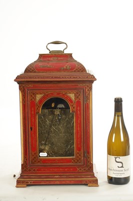 Lot 1055 - JOHNATHAN COLEMAN, LONDON. A GEORGE III AND LATER SCARLET LACQUER AND CHINOISERIE DECORATED EIGHT-DAY VERGE BRACKET CLOCK