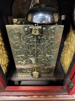 Lot 1055 - JOHNATHAN COLEMAN, LONDON. A GEORGE III AND LATER SCARLET LACQUER AND CHINOISERIE DECORATED EIGHT-DAY VERGE BRACKET CLOCK
