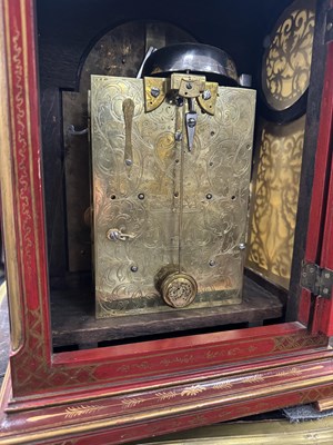 Lot 1055 - JOHNATHAN COLEMAN, LONDON. A GEORGE III AND LATER SCARLET LACQUER AND CHINOISERIE DECORATED EIGHT-DAY VERGE BRACKET CLOCK