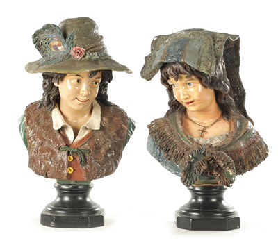 Lot 870 - A LARGE PAIR OF LATE 19TH CENTURY AUSTRIAN POLYCHROME PLASTER BUSTS