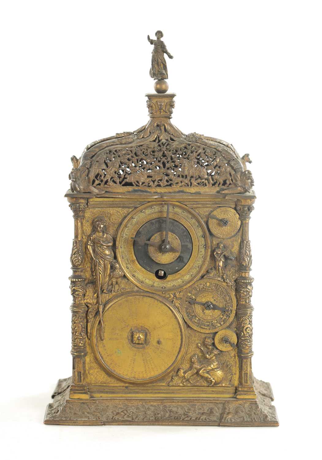 Lot 1023 - IN THE MANNER OF JEREMIAS METZGER - A 16TH CENTURY STYLE AUSBERG GILT BRASS ASTRONOMICAL TABLE CLOCK CIRCA 1880