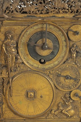 Lot 1023 - IN THE MANNER OF JEREMIAS METZGER - A 16TH CENTURY STYLE AUSBERG GILT BRASS ASTRONOMICAL TABLE CLOCK CIRCA 1880