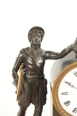 Lot 1019 - AN ENGLISH REGENCY BRONZE AND ORMOLU FIGURAL FUSEE MANTEL CLOCK