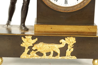 Lot 1019 - AN ENGLISH REGENCY BRONZE AND ORMOLU FIGURAL FUSEE MANTEL CLOCK