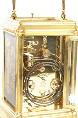 Lot 1089 - L’ EPEE. A 20TH CENTURY FRENCH PORCELAIN PANELLED REPEATING CARRIAGE CLOCK