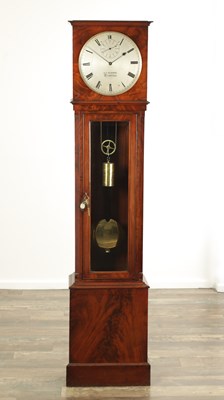Lot 1057 - G.T. PEARSE, TROWBRIDGE. A SMALL LATE REGENCY FIGURED MAHOGANY MONTH DURATION REGULATOR CLOCK