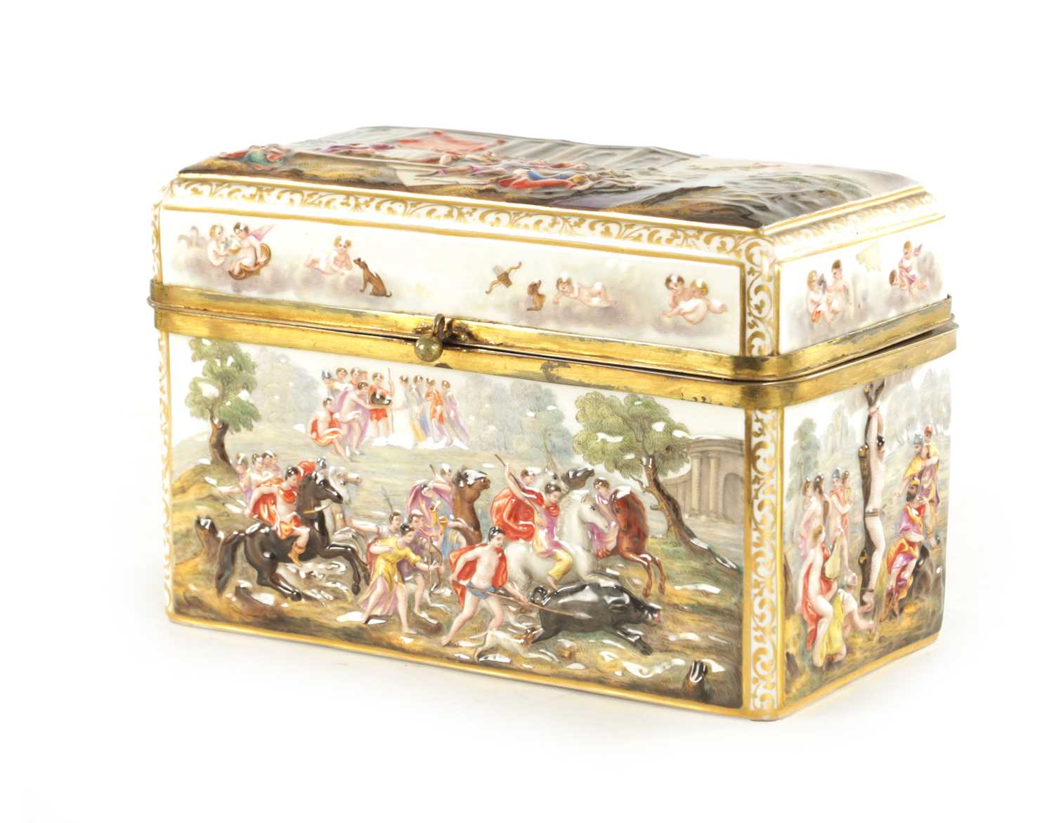 Lot 84 - A 19TH CENTURY NAPLES CAPODIMONTE STYLE PORCELAIN AND GILT BRASS MOUNTED CASKET
