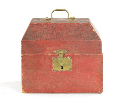 Lot 1196 - AN EARLY GEORGIAN CRAZED RED LACQUERWORK MEDICINE/DECANTER BOX