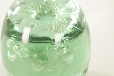 Lot 28 - A VICTORIAN GREEN GLASS DUMP PAPERWEIGHT AND KRALIK IRIDESCENT ROSE BOWL