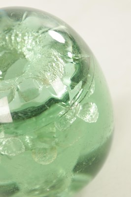 Lot 28 - A VICTORIAN GREEN GLASS DUMP PAPERWEIGHT AND KRALIK IRIDESCENT ROSE BOWL
