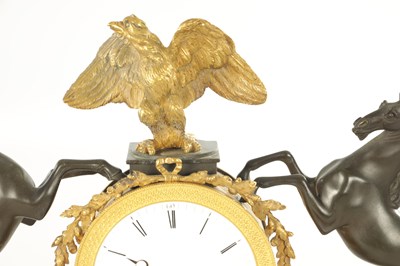 Lot 1003 - A REGENCY BRONZE AND ORMOLU FUSEE MANTEL CLOCK
