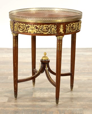 Lot 1292 - A FRENCH ORMOLU MOUNTED MAHOGANY MARBLE TOPPED OCCASIONAL TABLE