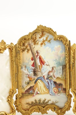 Lot 246 - A 19TH CENTURY MINIATURE ORMOLU MOUNTED ROCOCO STYLE THREE FOLD SCREEN
