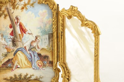 Lot 246 - A 19TH CENTURY MINIATURE ORMOLU MOUNTED ROCOCO STYLE THREE FOLD SCREEN