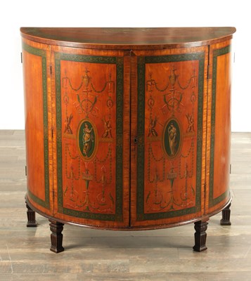 Lot 1411 - A RARE GEORGE III PAINTED SATINWOOD SHERATON DESIGN DEMI LUNE SIDE CABINET