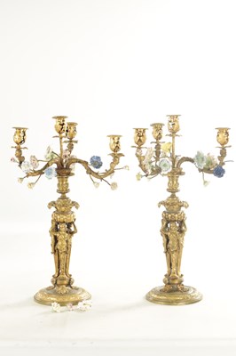 Lot 704 - A PAIR OF EARLY 19TH CENTURY FRENCH ORMOLU AND PORCELAIN MOUNTED CANDELABRA