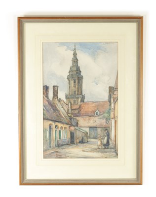 Lot 1205 - AN EARLY 20TH CENTURY BELGIAN WATERCOLOUR LABELLED ON REVERSE TOWER OF HOTEL DE VILLE