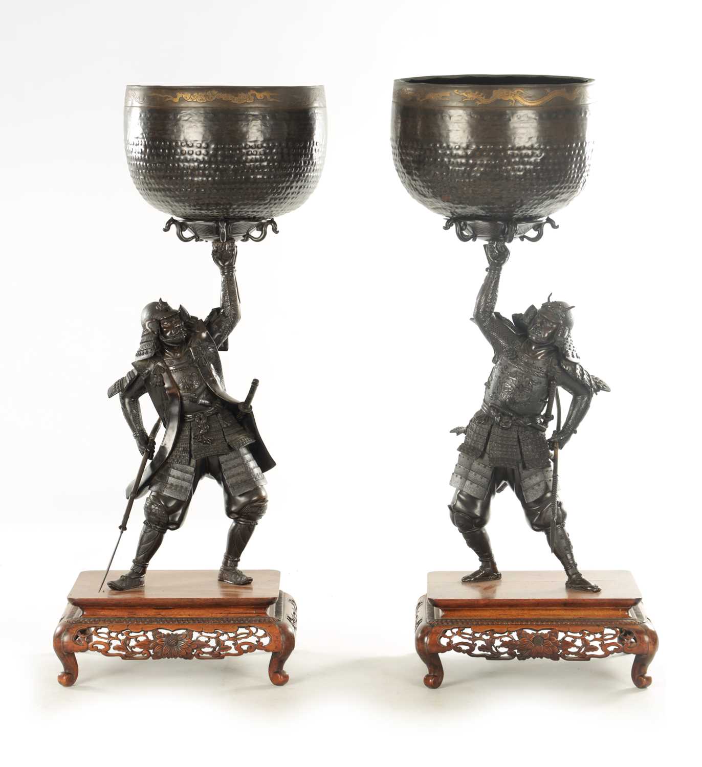 Lot 211 - A PAIR OF JAPANESE MEIJI PERIOD BRONZE SAMURAI WARRIOR GONGS