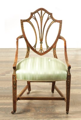 Lot 1384 - A GEORGE III PAINTED MAHOGANY SHERATON STYLE OPEN ARMCHAIR