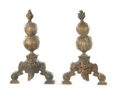 Lot 726 - A PAIR OF 19TH CENTURY BRASS FIRE DOGS