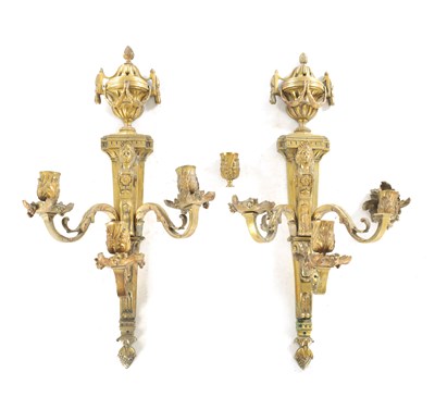 Lot 951 - A PAIR OF LATE 19TH CENTURY GILT BRASS ADAM STYLE THREE BRANCH WALL HANGING CANDELABRA