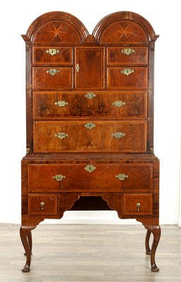 Lot 1276 - A GOOD QUEEN ANNE FIGURED WALNUT DOUBLE DOME CHEST ON STAND