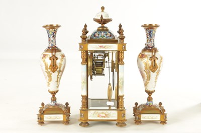 Lot 1008 - A FINE LATE 19TH CENTURY FRENCH ORMOLU PORCELAIN AND CHAMPLEVE ENAMELLED THREE PEICE CLOCK GUARNITURE