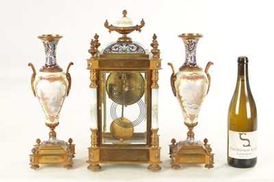Lot 1008 - A FINE LATE 19TH CENTURY FRENCH ORMOLU PORCELAIN AND CHAMPLEVE ENAMELLED THREE PEICE CLOCK GUARNITURE