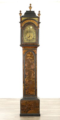 Lot 1086 - PAUL RIMBAULT, LONDON. AN EARLY 18TH CENTURY EIGHT-DAY LACQUER WORK LONGCASE CLOCK