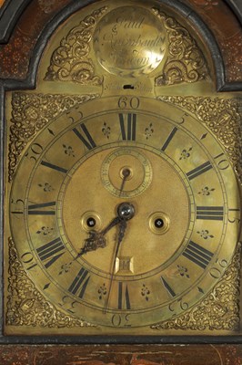Lot 1077 - PAUL RIMBAULT, LONDON. AN EARLY 18TH CENTURY EIGHT-DAY LACQUER WORK LONGCASE CLOCK
