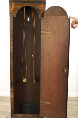 Lot 1077 - PAUL RIMBAULT, LONDON. AN EARLY 18TH CENTURY EIGHT-DAY LACQUER WORK LONGCASE CLOCK