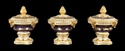 Lot 65 - A SET OF THREE 19TH CENTURY ROYAL CROWN DERBY POTPOURRI VASES