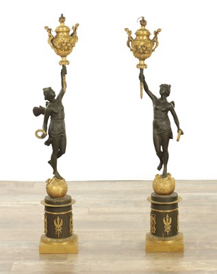 Lot 728 - A GOOD PAIR OF REGENCY STYLE BRONZE AND GILT BRONZE FIGURAL LAMP BASES