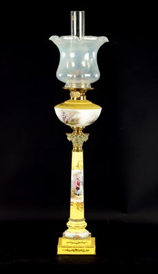 Lot 726 - A 19TH CENTURY SEVRES STYLE PORCELAIN AND BRASS OIL LAMP