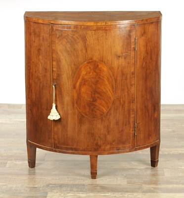 Lot 1254 - A GEORGE III DEMI LUNE FIGURED MAHOGANY SIDE CUPBOARD