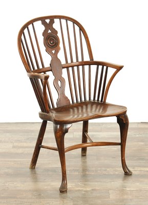 Lot 1347 - A 19TH CENTURY ASH AND ELM CABRIOLE LEGGED WINDSOR CHAIR