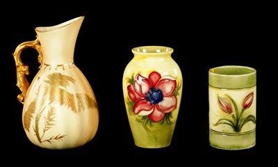 Lot 48 - TWO MOORCROFT VASES AND A BLUSH IVORY ROYAL WORCESTER JUG