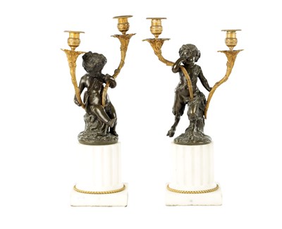 Lot 741 - A LARGE PAIR OF LATE 19TH CENTURY FRENCH PATINATED BRONZE, ORMOLU AND WHITE MARBLE CANDELABRA