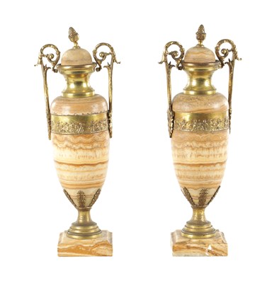 Lot 706 - A PAIR OF LATE 19TH CENTURY ITALIAN ALABASTRO FIORITO CASSOLETTES