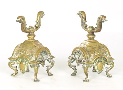 Lot 729 - A PAIR OF LATE 19TH CENTURY BRASS FIRE DOGS